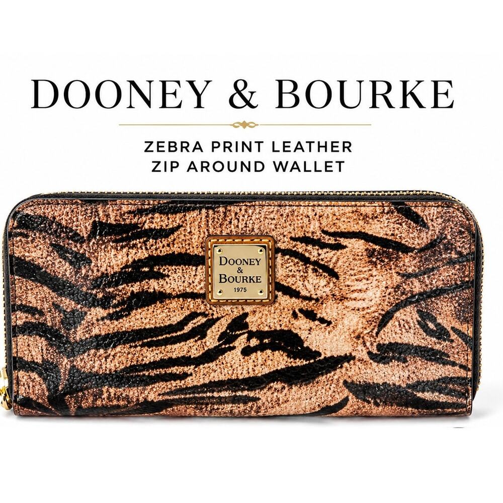 Dooney & Bourke Zebra Leather Zip Around Wallet Brown Black Accordion 8"